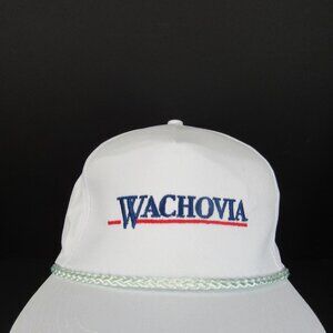 Wachovia Emb Logo Men's White Wide Brim w/Braid Adj Strap Back Trucker Cap Hat